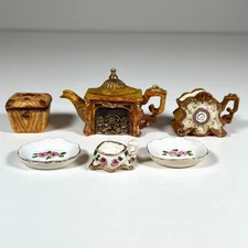 Vintage Miniature Fireplace Teapot & Tea Set Dollhouse Pink Rose Porcelain