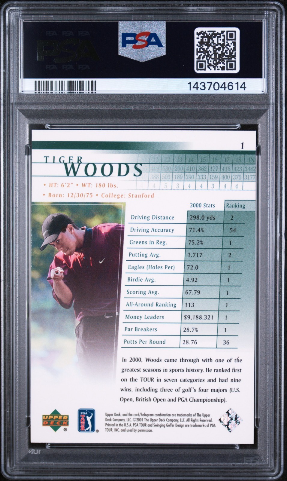 2001 UPPER DECK GOLF TIGER WOODS RC #1 PSA 7 REALLY NICE CARD view 2
