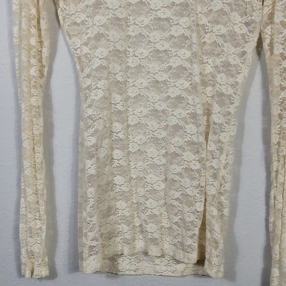 Y2K 复古透明蕾丝长袖上衣 S 码白色象牙色奶油色花卉 90 年代尼龙 — 第 3/4 张图片