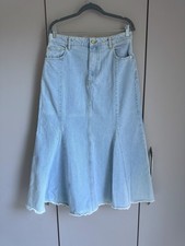 GANNI Light Blue Denim Midi Skirt Size 12– Raw Hem, A-Line, Flare Hem