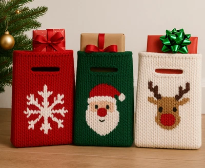 LLAMZ DESIGNS Knitting Pattern Christmas Gift Bag Santa Reindeer & Snowflake Easy 18 x 25 Aran