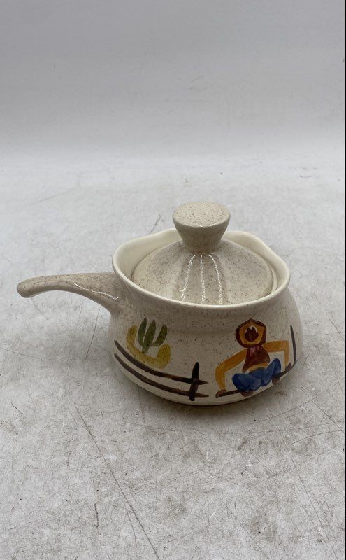 Vintage Red Wing Beige Cactus Cowboy Hand Painted Pottery Gravy Boat