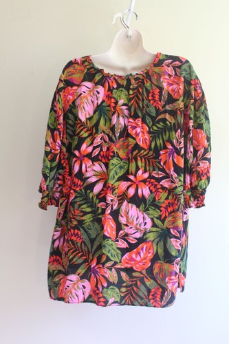 Terra Sky Aloha Shirt Womens 3X Plus Orange Pink Black Floral Puff Sleeve V Neck - Picture 7 of 7