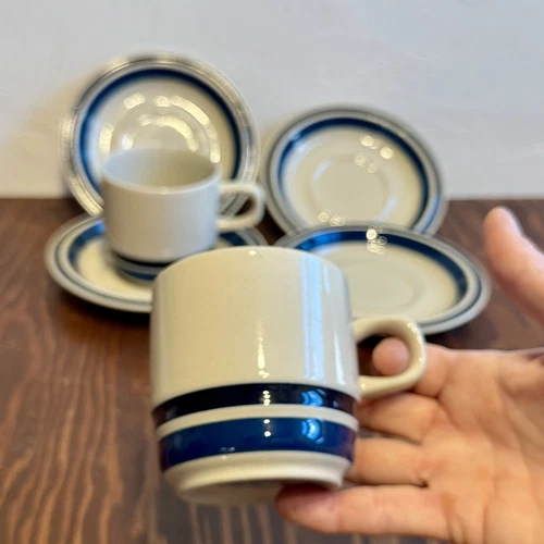 Nice Vintage MCM Japan Hearthside Estate Stoneware 2 Cups, 4 Saucers Blue Stripe