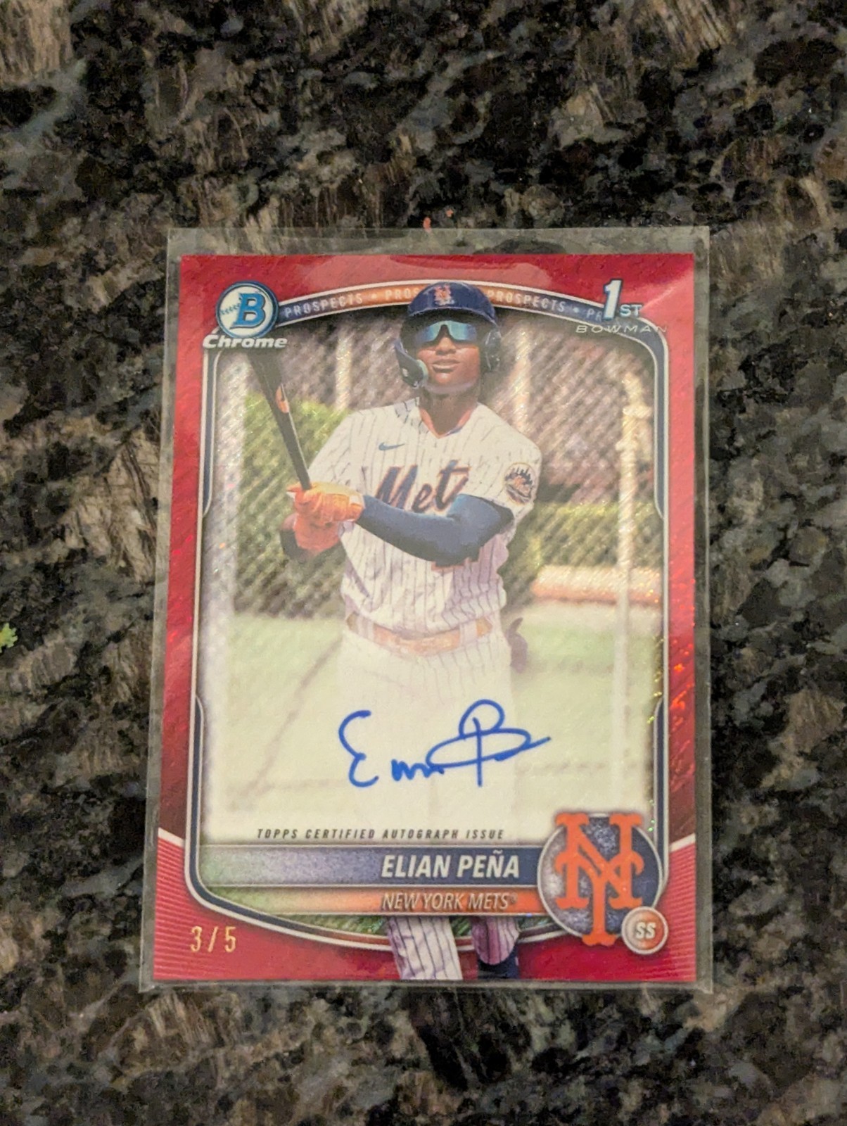 2025 Bowman Chrome Elian Pena Auto Red Shimmer Refractor 1st Prospect #3/5 Mets