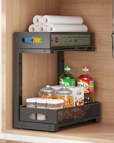 2-Tier Under Sink Organizer, Under Sink Pull Out Organizer Sliding Drawers Ad...