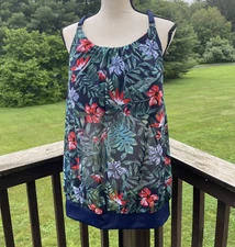 CACIQUE Tankini Swim Top Shelf Bra Lightly Lined Modest Mesh Tropical Floral 18