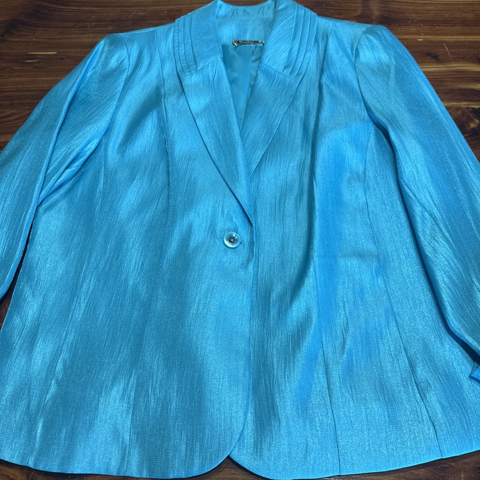 Blazer Women’s Career Business Shimmer Classy Sz 12 Petite Turquoise Suit Jacket-image