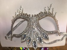 Silver Crystal Rhinestone Masquerade Eyemask Adjustable Metal Mardi Gras Costume