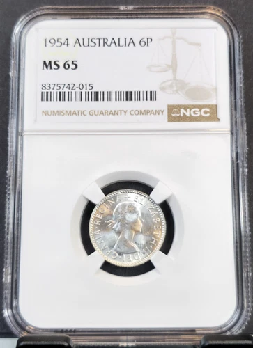 1954 AUSTRALIA 6 PENCE ELIZABETH II NGC MS 65 STUNNING GEM BU BEAUTY