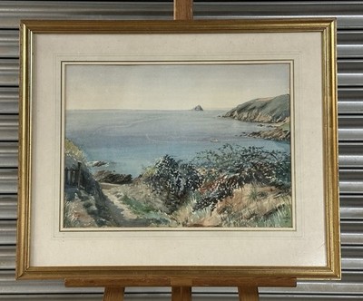 Schönes Aquarell einer Küstenbuchtszene von Leslie Bert Stew (1914-1998)  