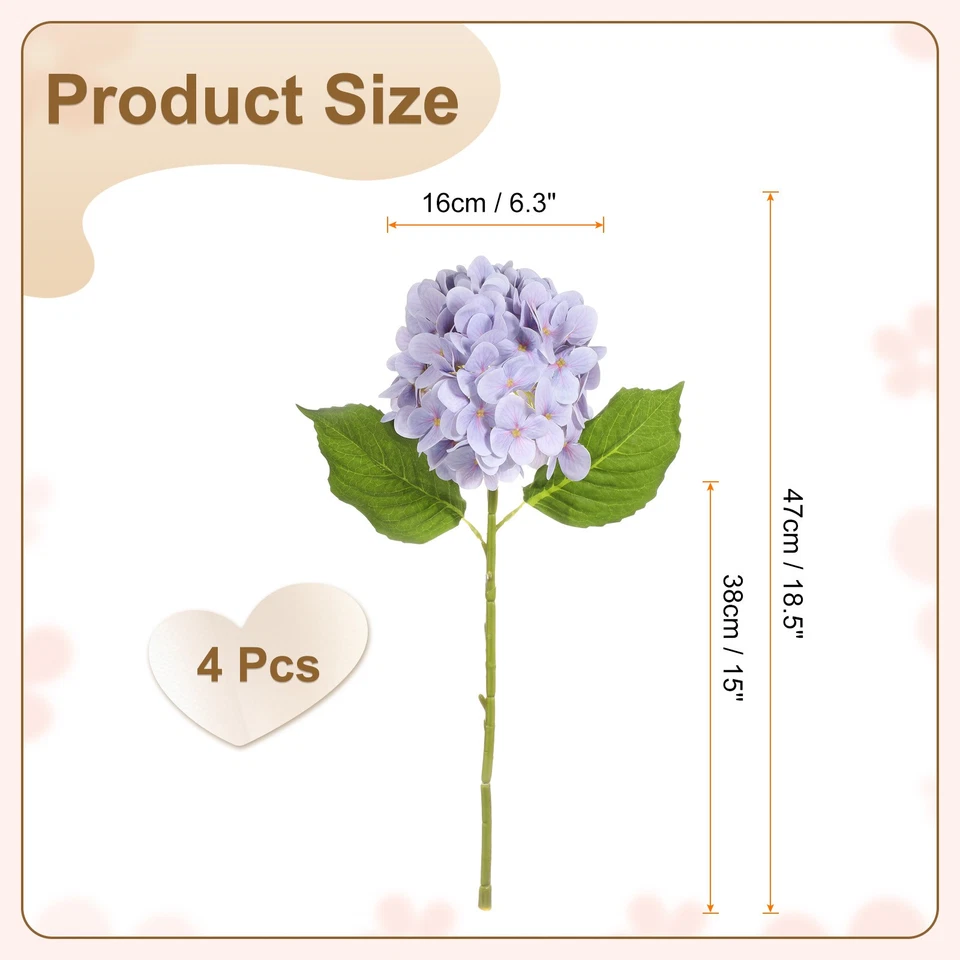 4 Piezas Flores Hortensia 18.5" Falsas Látex Lila para Decoración - Imagen 2 de 4