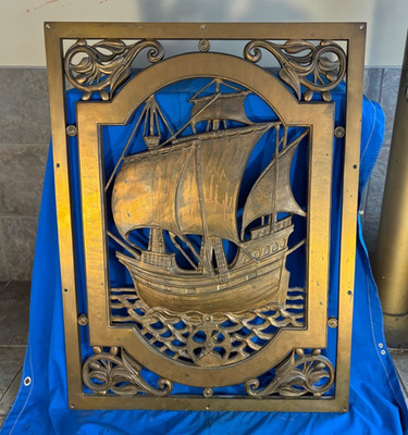SS Normandie Ocean Liner Steamship Solid Brass Grillwork panels Pair 42'' x 32''