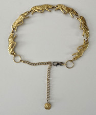 Vtg Cheetah Leopard Chain Link Belt Lion Charm Gold Tone 80s Adjustable Necklace