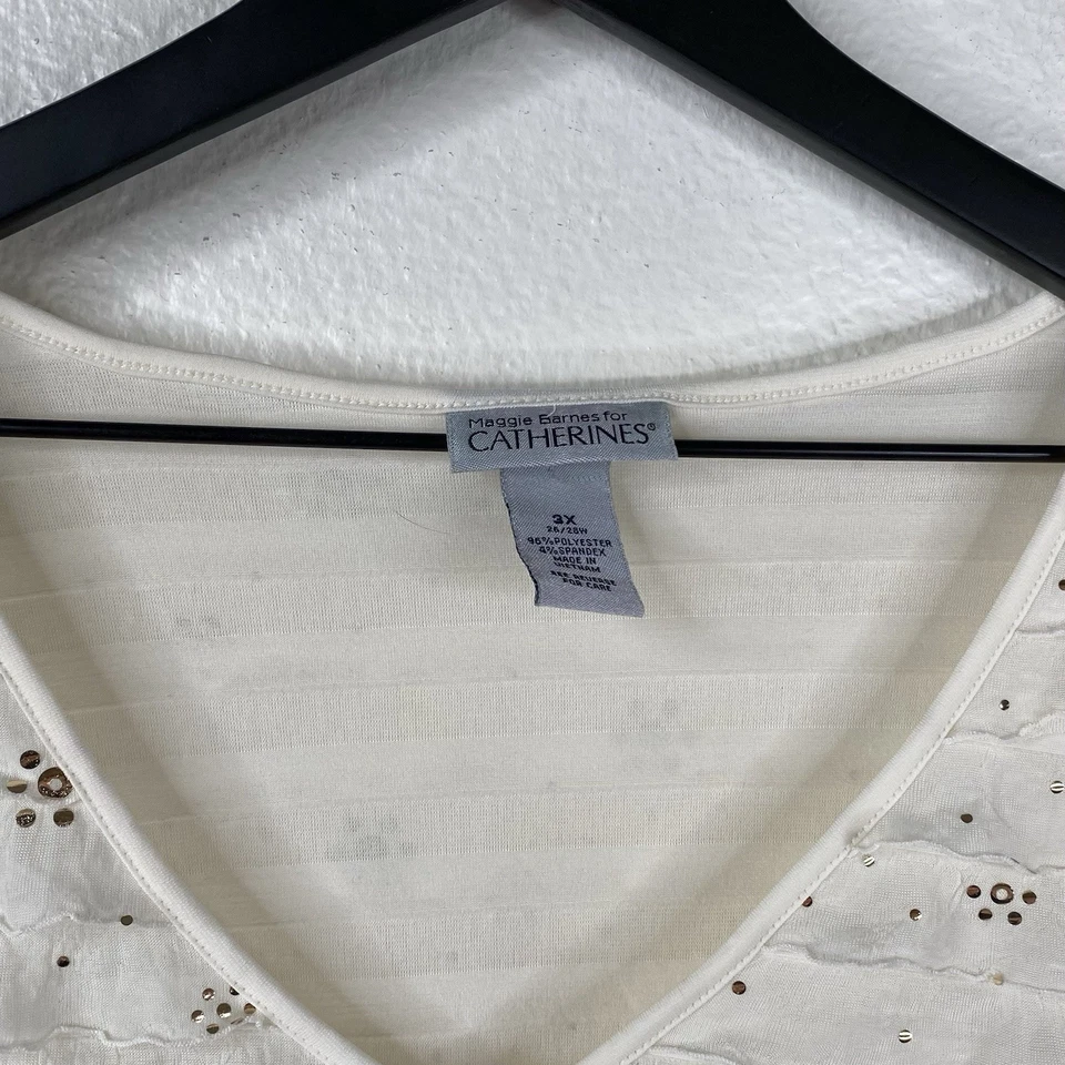 Maggie Barnes Catherines 上衣短袖套衫层褶边亮片象牙色 3X — 第 3/4 张图片