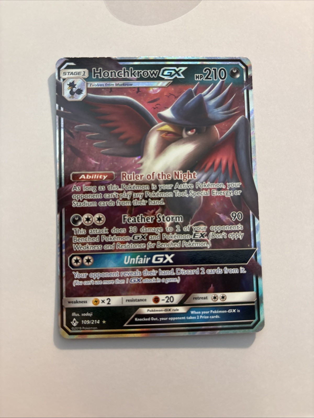 Honchkrow GX - Unbroken Bonds - Holo Full Art Rare - NM 109/214 - Pokemon TCG
