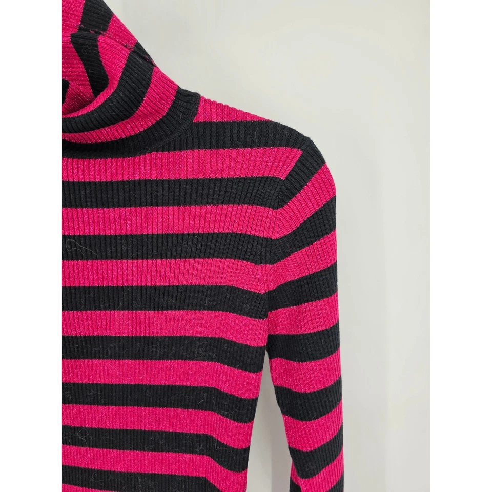 New York & Company Womens Sz L Lightweight Turtleneck Sweater Black Pink Striped - Image 2 of 4