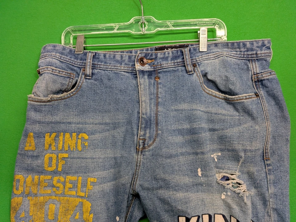 Pantalones de mezclilla bordados gráficos graffiti desgastados lavado claro 40 AKOO para hombre Foto 4 de 4