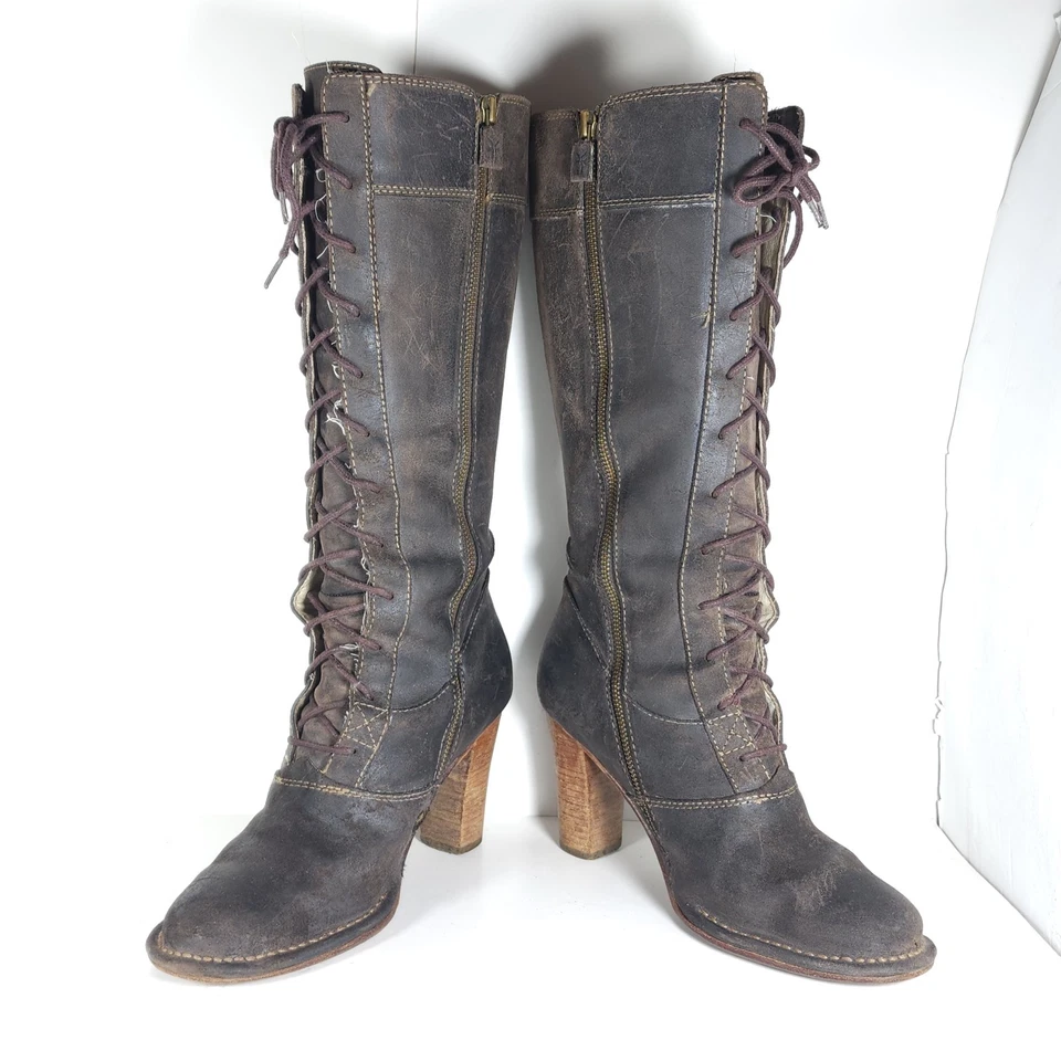 FRYE Mujer VILLAGER US 8,5M Marrón Gamuza Cuero Tacones Con Cordones Cremallera Botas Altas Foto 4 de 4