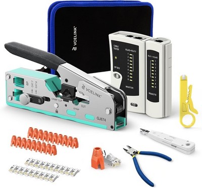 Netzwerk Werkzeug Set, RJ45 Crimpzange mit 20 x RJ45 Stecker Cat7 Pass Through,