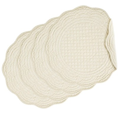4 PCS Round Quilted Placemats Washable 100% Cotton Fabric Table Mats Flax