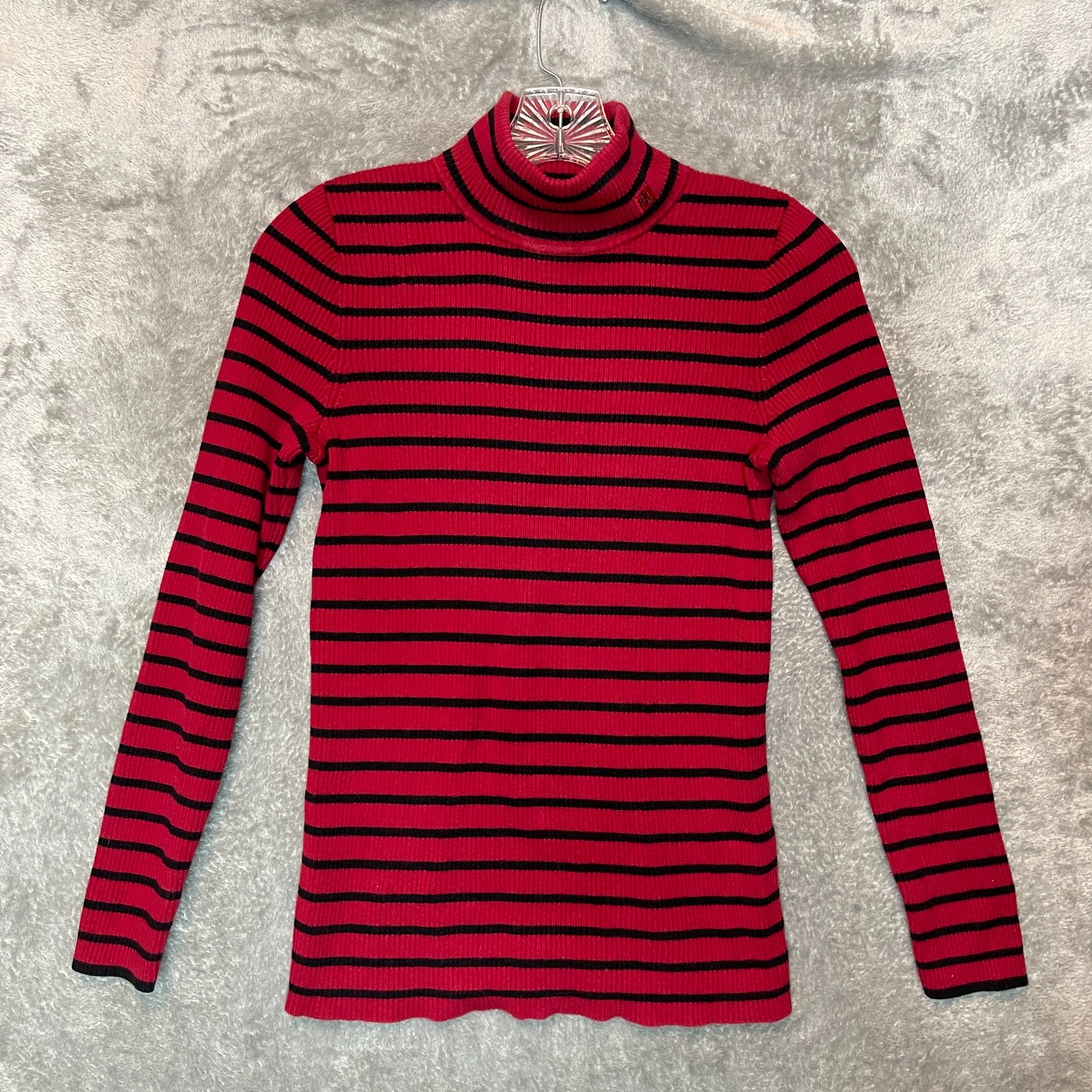 Lauren Ralph Lauren Women Classic Ribbed Knit Striped Turtleneck Slim Sweater M