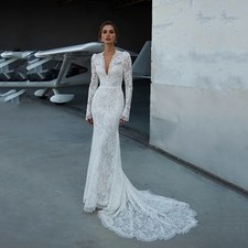 Classic V Neck Mermaid Wedding Dresses Lace Long Sleeve Sweep Train Bridal