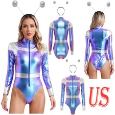 Women's Shiny Metallic Alien Cosplay Costume Bodycon Bodysuit with Hair Hoop