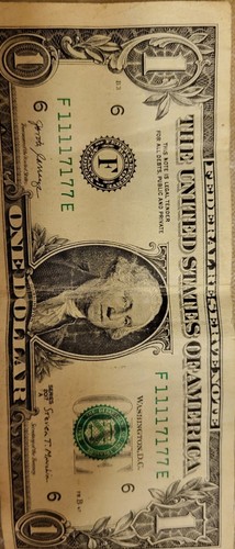 FEDERAL RESERVE NOTE UNIQUE NUMBERS ( 1 ) DOLLAR BILL 2017 GEORGIA F11117177E - Picture 2 of 2