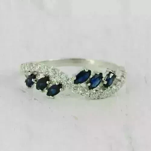 Laborgefertigter Damen-Ehering Saphir 2 kt Marquise-Schliff 14 kt Weißgold vergoldet - Bild 2 von 4