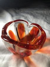 Vintage Murano Type Hand Blown Art Glass Ashtray Cranberry Red Orange Hues