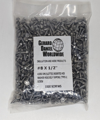 1000X #8 x 1/2'' SMS Slotted Washer Hex Head Self Drilling 410 SS Type A Screws