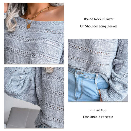 Top Long Sleeve Round Neck Pullover One Shoulder Loose Knitted Top(Grey L) ECM - Picture 1 of 6