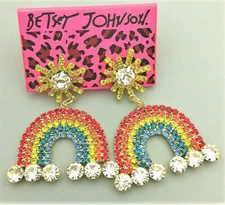 Spring Summer SUN Shine RAINBOW Star Clouds Rhinestone Betsey Johnson Earrings