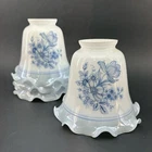 ONE Vintage Milk Glass Tulip Lamp Shade Blue White Floral Design Bell Ruffle