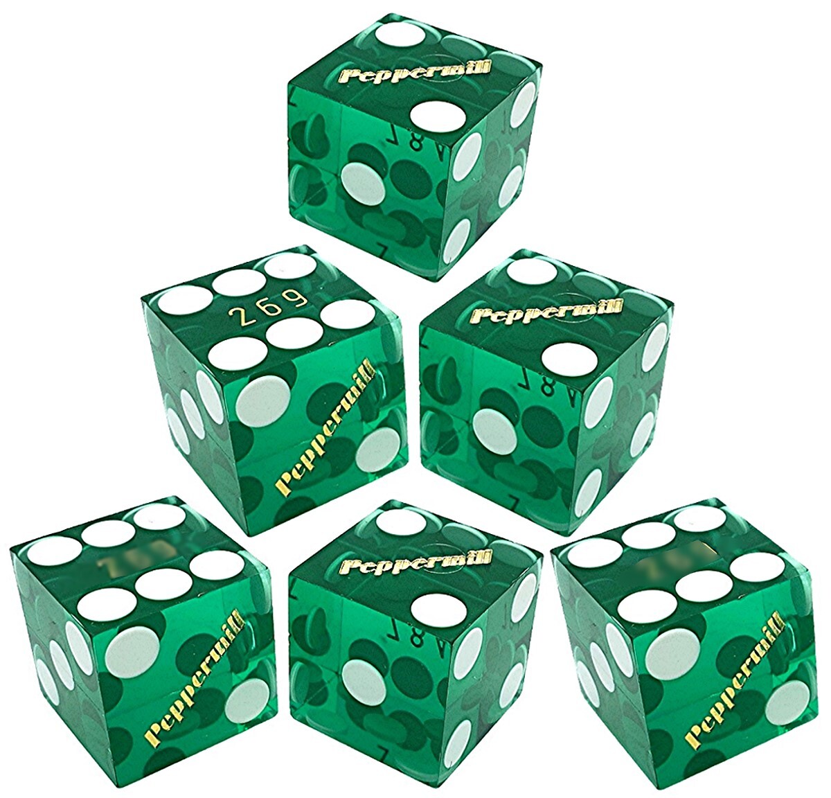 FLASH DEAL Lot of 6 Authentic Peppermill Reno Casino Dice Green Polished Italic