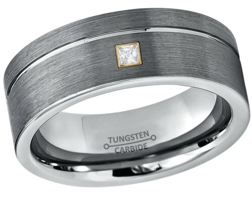 0.05ctw Princess Cut Diamond Ring, 8mm Pipe Cut Tungsten Wedding Band #030 - Picture 4 of 11