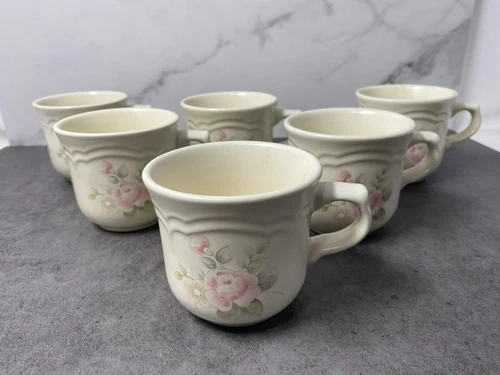 Set Of 6 Pfaltzgraff Tea Rose Ceramic Mugs 8 Oz Floral Design Ivory