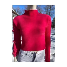 90s Holt Renfrew Crop Top Waffle Knit Red Pink Mock Neck Long Sleeve Sz L