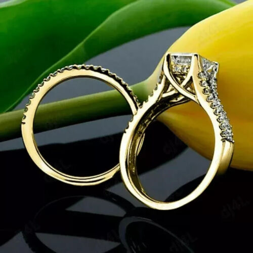 2Ct Princess Cut Moissanite Bridal Set Engagement Ring 14K Yellow Gold Plated - Picture 2 of 7