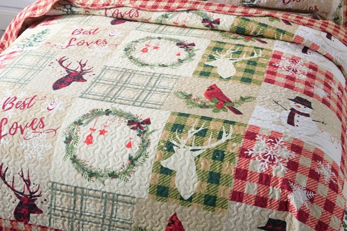 3 Piece Christmas Quilt Rustic Western Lodge Cabin Bedspread Quilt Set Snow Man - Picture 4 of 9