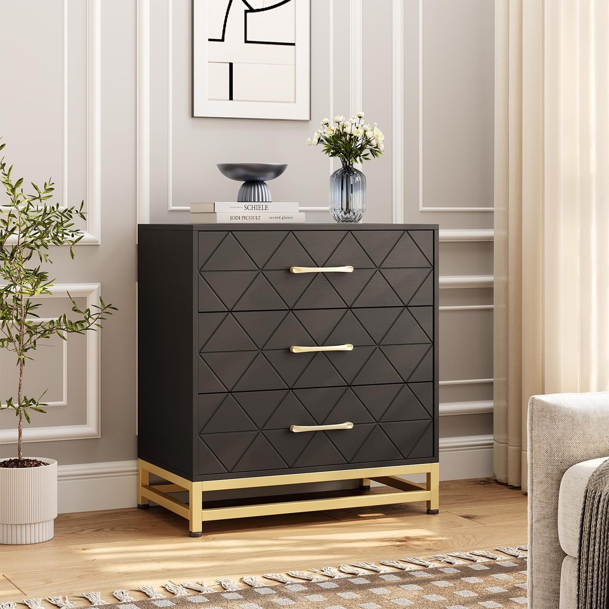 3-Drawer Dresser with Gold Handles, Modern Black Nightstand with Storage, Wooden Chest of Drawers for Bedroom or Living Room 3-Drawer Dresser with Gold Handles, Modern Black Nightstand with Storage, Wooden Chest of Drawers for Bedroom or Living Room