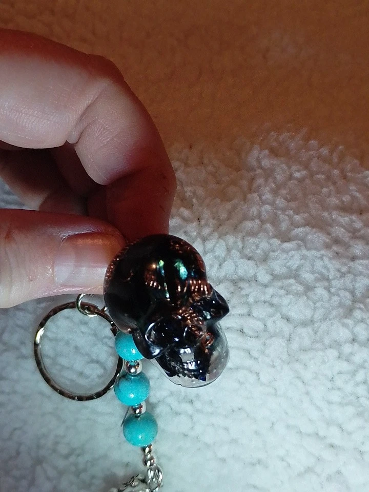 Vivianite Inside Handmade Skull . Keyring With Copper Coils And Turquoise Dangle - Image 4 of 4
