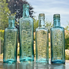 Vintage Pale Blue Bromley's Leeds Glass Sauce Bottles Modern Kitchen D&eacute;cor x 4