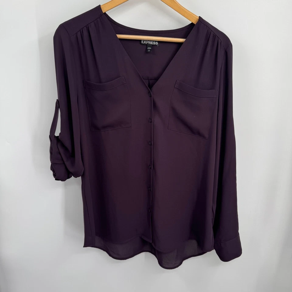 EXPRESS Portofino Shirt Womens L Wine V-Neck Button Front Sheer Casual Office - Image 2 of 4