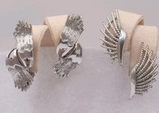2 pair lot. Coro brand, silver tone clip on earrings, wave & fan designs, angel