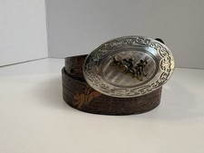 Nocona Boy  s Western Belt Sz 26 Brown Tooled Leather Lg Buckle Bull Rider Rodeo
