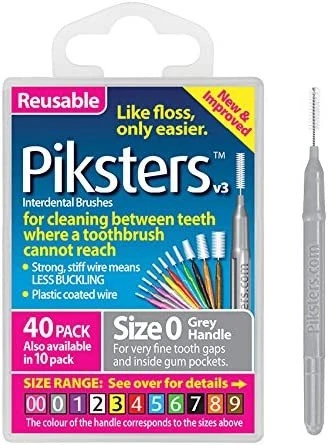 Piksters Interdental Brush - Size 0 Silver (Grey) 0.35mm - 40 Brushes Per Pack