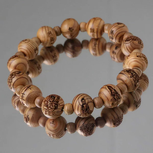 Japanese Juzu-style Bracelet Thirteen Buddhas Carving Yakusugi w/Box 17cm #S25 - 第 2/7 張圖片