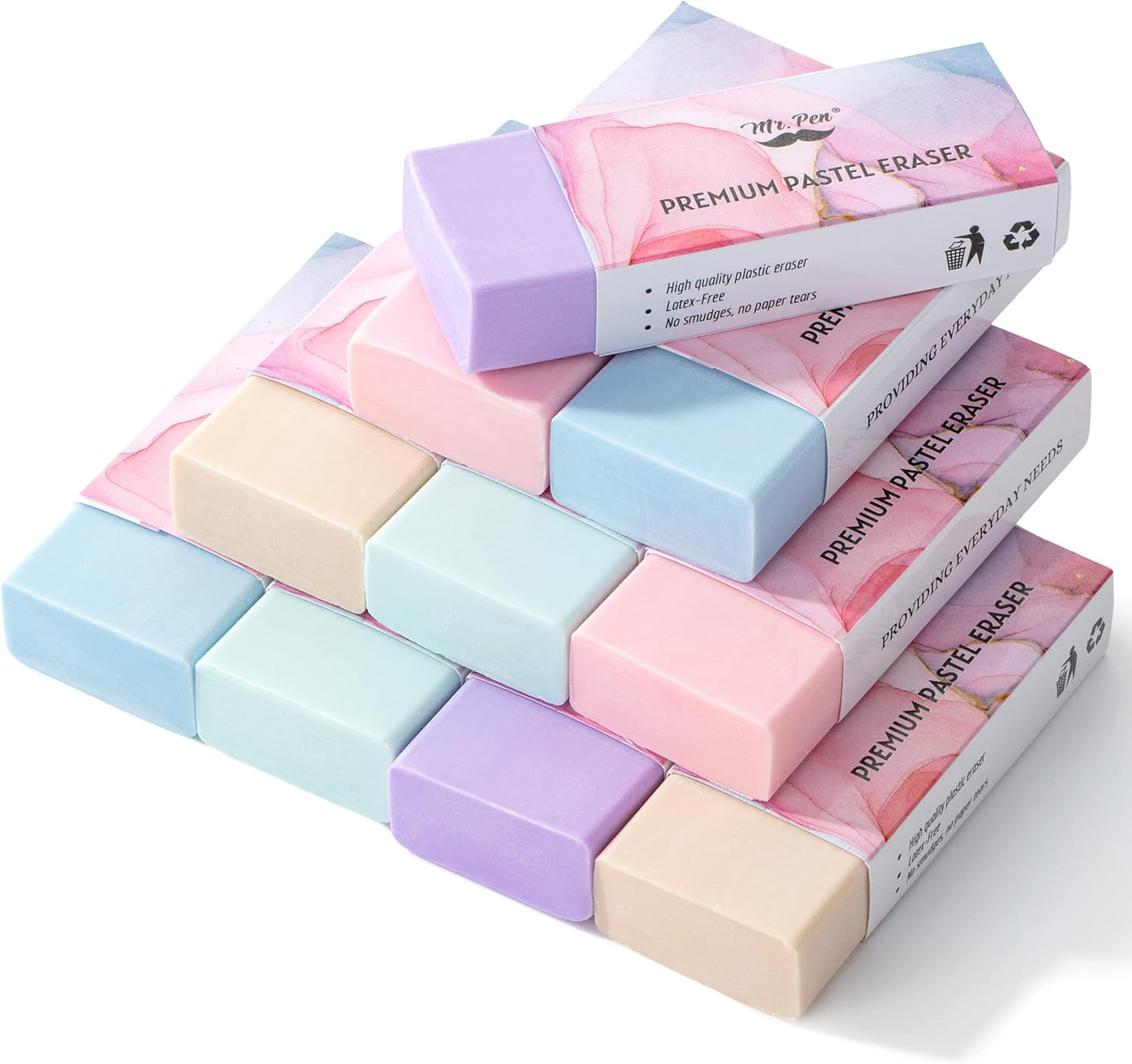 Erasers, 10 Pack, Pastel Colors, Latex-free Vinyl Erasers, L